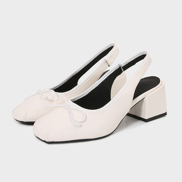 ZA2025 Spring New Women's Shoes White Open-Back Bowknot Decor Ballet High Heels Casual Square-Toe Mary Sandals_vogvips.com