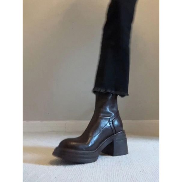 Instant Dispatch~ Chunky Short For Women 2024 Autumn Winter New British Style Thick Sole High Heel Stretch Slim Martin_vogvips.com