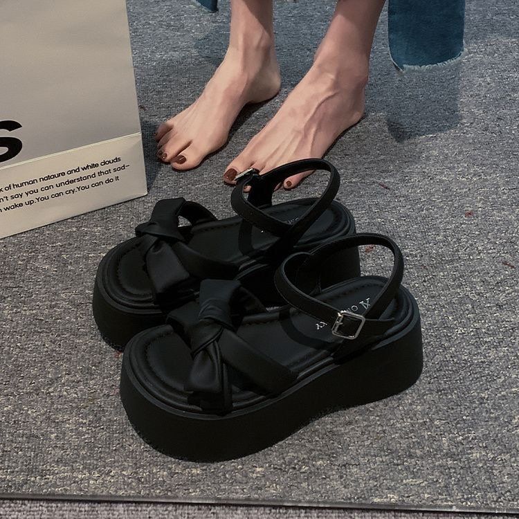 Bow Word With Thick Sole Small Height Increase Sandals Women's Versatile Muffin Roman Women's Shoes_vogvips.com