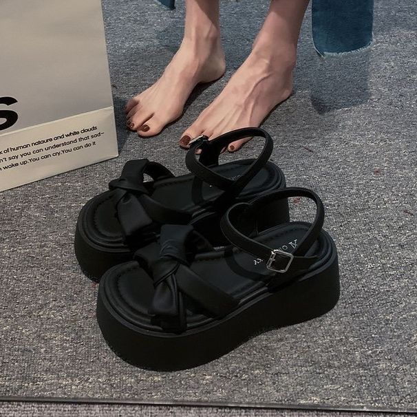 Bow Word With Thick Sole Small Height Increase Sandals Women's Versatile Muffin Roman Women's Shoes_vogvips.com