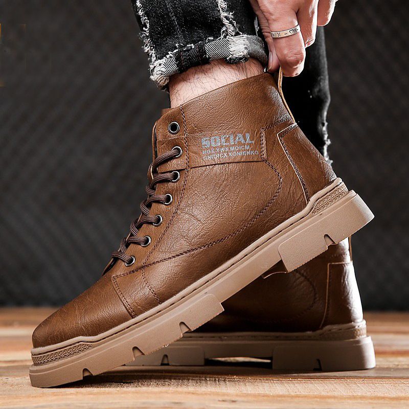 European Warm Series British Style Korean Version Mid-Top Work Leather Winter Fleece-Lined Martin Boots Men's High-Top Trendy Warm Cotton_vogvips.com