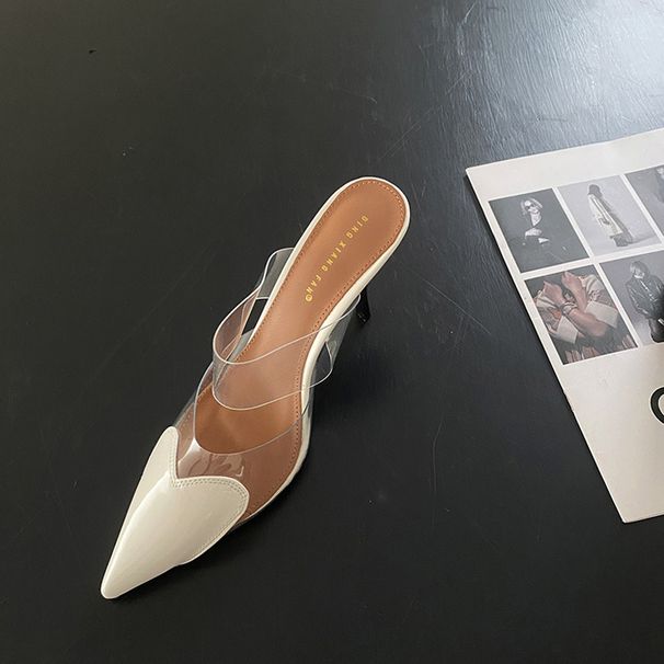 Transparent Heart-Pointed Toe High Heels - 8CM Chunky Heel Mule Shoes For Women, Breathable PU Lining & Rubber Sole_vogvips.com