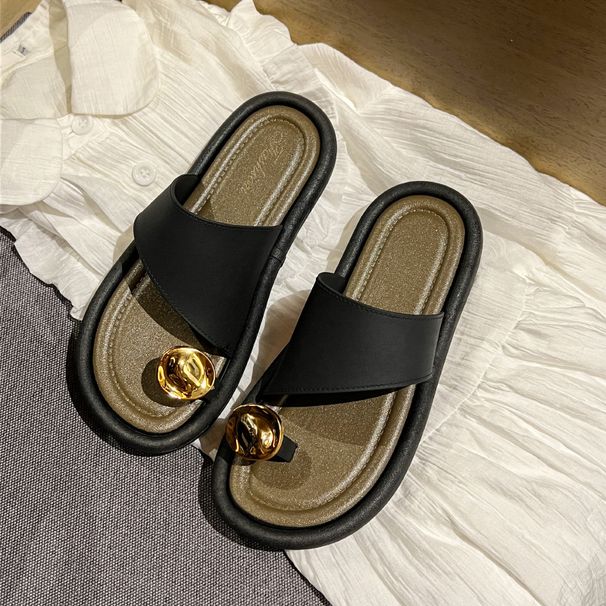 Summer New Toe Slippers Women's Fashion Outside Wear Non-slip Home Gold Plating Cover Toe Versatile Flat Beach Shoes_vogvips.com