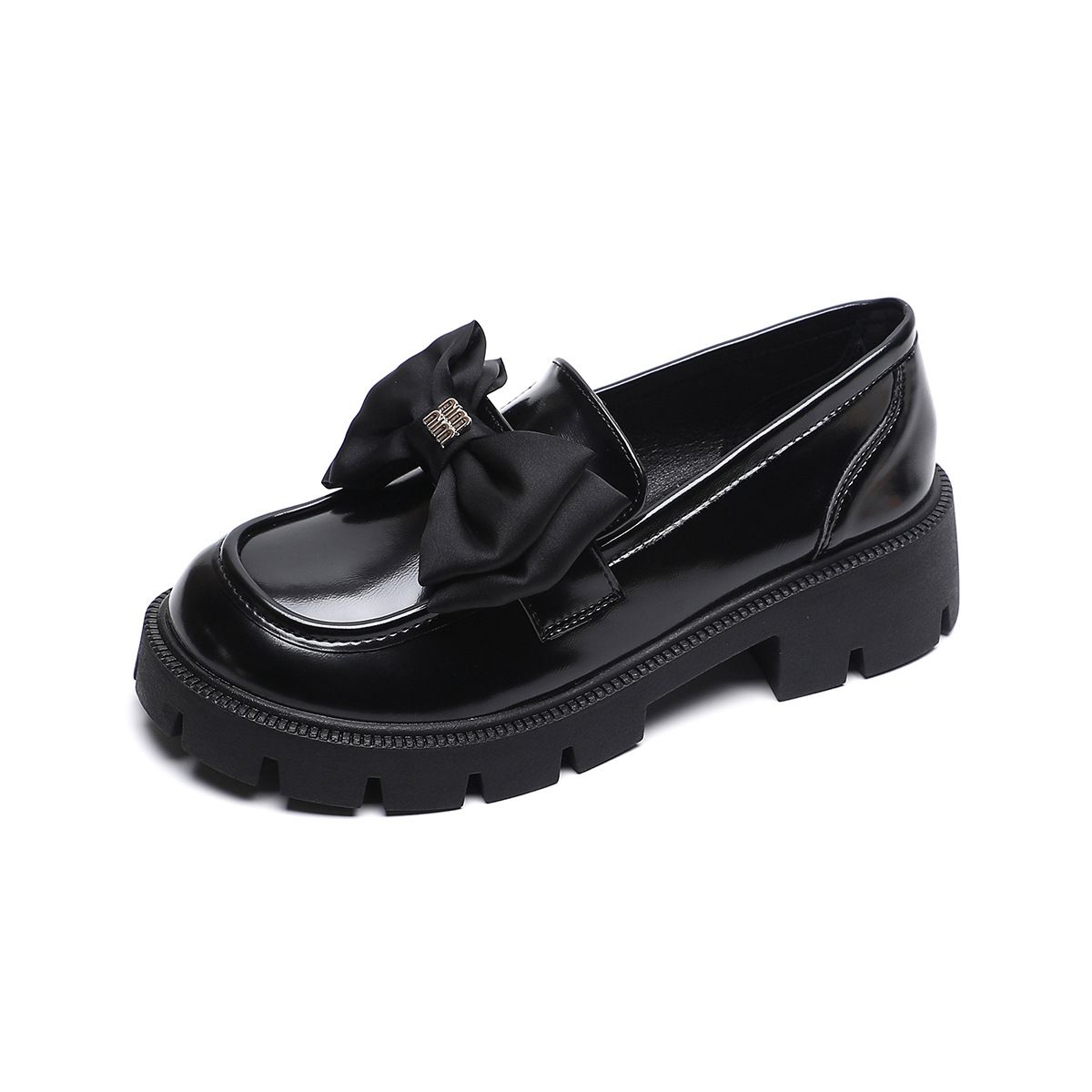 Black Platform Loafers Women's Retro Bow Small Leather Shoes Soft Sole Fairy Style Shoes_vogvips.com