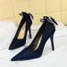 3391-H62M Wind Stiletto Ultra High Heels With Water Diamond Rear Bow Decoration Pointed Shallow Mouth Suede Single Shoe_vogvips.com
