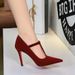Women's Shoes Pointed Toe High Heels, Sexy Stiletto Heels, Versatile Red Sole, Suede, T Strap, Low Cut, Elegant Single Shoes For Women._vogvips.com