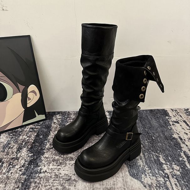 Women's Chunky Heel Knee-High Boots - Classic British Style Combat Boots With Round Toe & Slip-Resistant Sole, Sizes 35-39 High Boots_vogvips.com