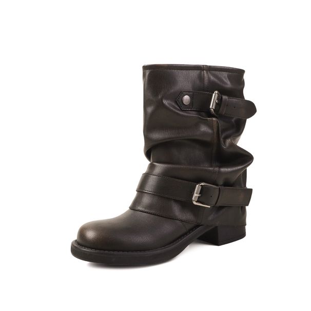 2025 Black Wrinkled Western Cowboy With Round Toe, Chunky Heel, Belt Buckle, Short Tube Riding Boots For Women_vogvips.com