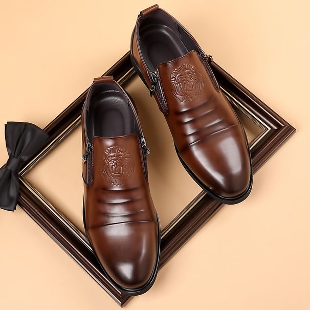 HPIOPL Men's Lion Head Zipper Pointed Toe Loafers - Casual Business Slip-On Shoes With Side Zipper & Metal Accents_vogvips.com