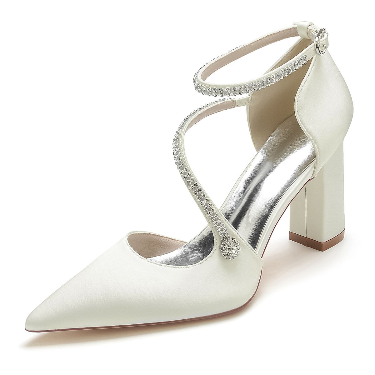 Women's Chunky Heel Rhinestone Strap Pointed Toe Wedding Dress Shoes Bridesmaids_vogvips.com