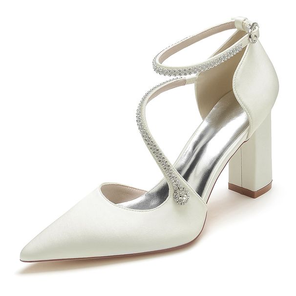 Women's Chunky Heel Rhinestone Strap Pointed Toe Wedding Dress Shoes Bridesmaids_vogvips.com