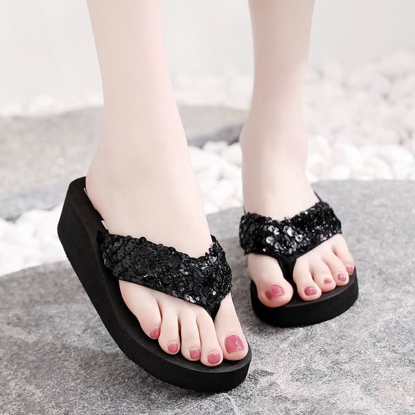 Black Flip-flops For Women, High-heeled, Thick-soled, Slip-resistant, Student Flip-flops, Korean-style Trendy Women's_vogvips.com