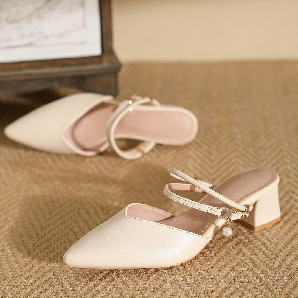Women's Sandals 2024 Summer New Pointed Single Shoes Thick Mid Half Stunning High Heel French Style Closed Toe Outdoor_vogvips.com