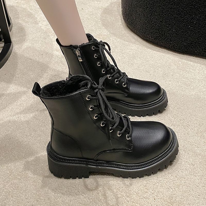 Women's Chunky Sole Winter Boots With Faux Fur Lining, Round Toe Lace-Up Ankle Boots For Casual Wear Boots Snow Boots Ankle Boots_vogvips.com
