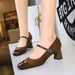 5296 Style Women's Shoes Thick Mid Heel, Shallow Mouth, Square Toe, Spliced With A Straight Line And Rhinestone Buckle,_vogvips.com