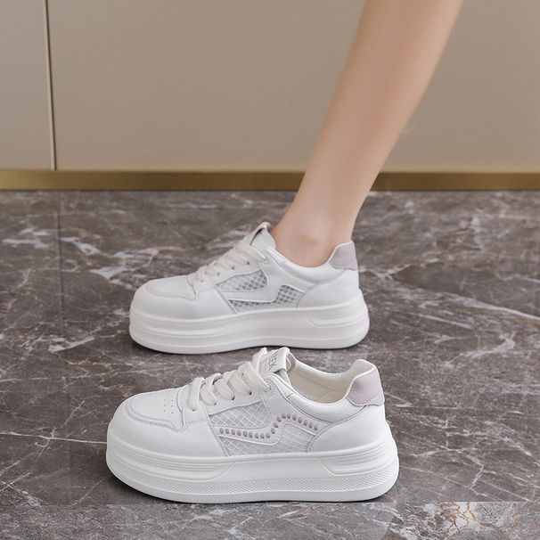 Lightweight Mesh White Sneakers For Women, Low-top Lace-up Design With Thick Cushioned Sole, Breathable Textile Lining, Spring Summer Autumn Casual_vogvips.com