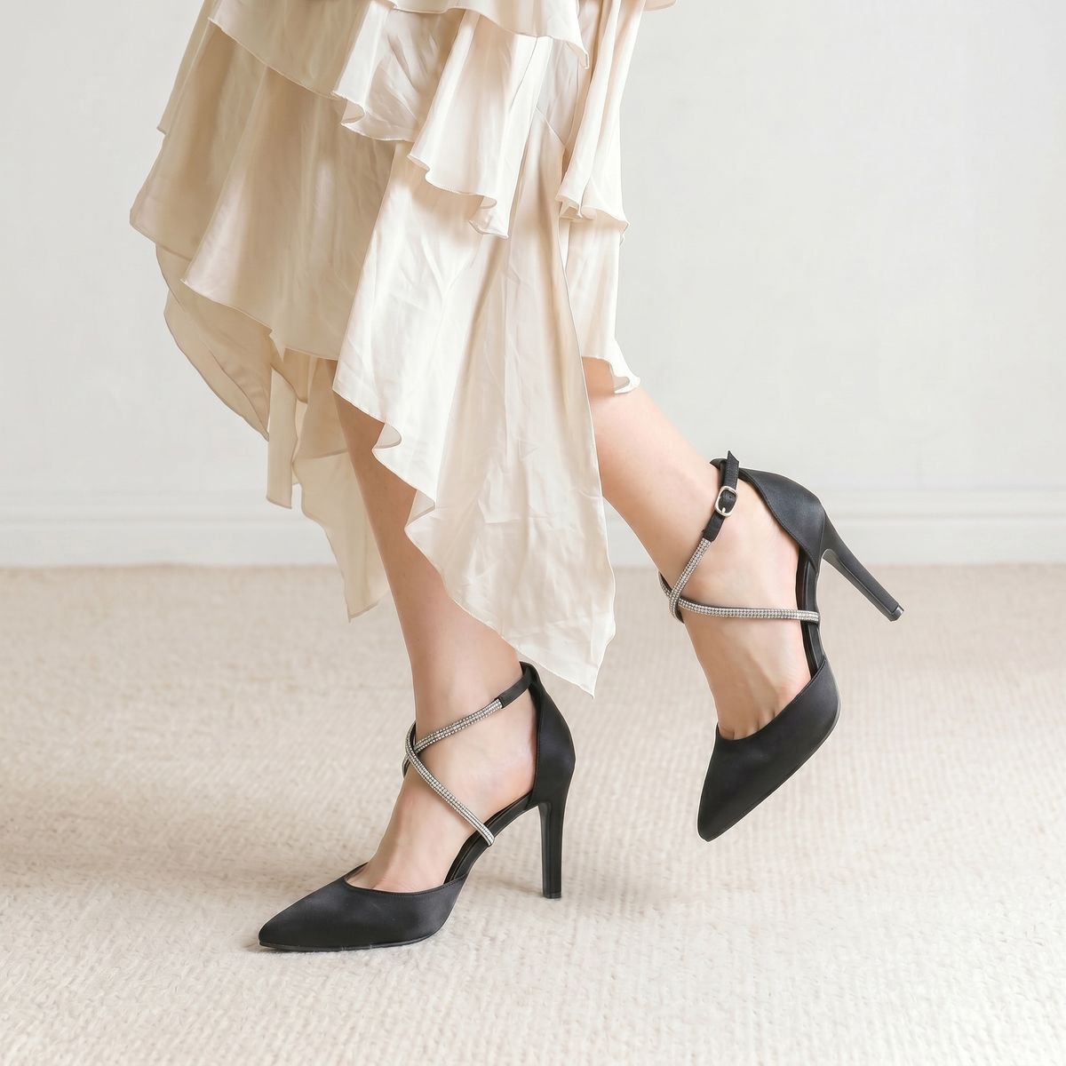 Cross-border Foreign Trade Satin Pointed-toe Stiletto High-heeled Shoes For Women With Rhinestone Cross Straps And Open_vogvips.com