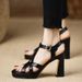 Handmade Women's Shoes, New Summer Style, Square-toed Platform Sandals With Thick High Heels, Full Leather In Apricot_vogvips.com