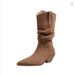 2025 Autumn Winter New Suede Pointed Toe Wedge Short Mid Calf High Heel Slouch Western Cowboy Boots_vogvips.com