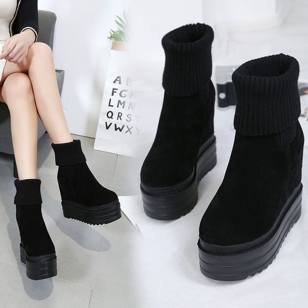 222-16 Autumn Winter Fashion Thick-Soled Martin 14CM Wedge Women's Height-Increasing Short Knitted Mouth Platform Boots_vogvips.com