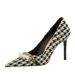 9283-1 European And American Style Houndstooth High Stiletto Heels Shallow Mouth Pointed Toe Pearl Chain Plaid Women's_vogvips.com