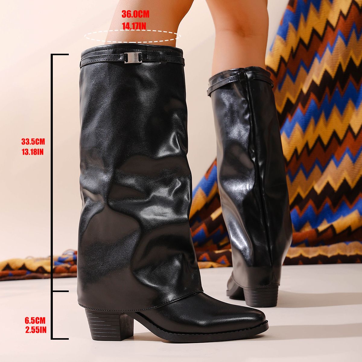 plus Size High Heeled Pleated Fashion Boots Autumn Winter Chunky Heel British Style Women's High Leg Boots_vogvips.com