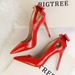 3168-8 Korean Style Sexy Slimming High Stiletto Heels Shallow Mouth Pointed Toe Patent Leather Hollow Back Bowknot_vogvips.com