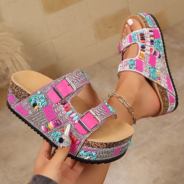 plus Size Women's Platform Sandals Rhinestone Double Buckle Cork European American Style Summer Beach Slippers_vogvips.com