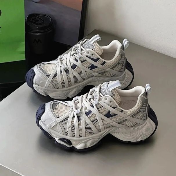 Spring Summer New Style Men Women Dad Thick Bottom Net Surface Sports Trendy Versatile Breathable Tie Shoes_vogvips.com