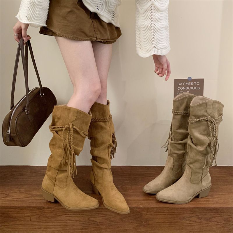 Miting Vintage Woven Tassel Chunky Heel High-Tube Long 2026 Autumn/Winter Slimming Pointed Toe Western Cowboy Boots_vogvips.com