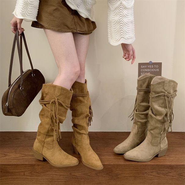 Miting Vintage Woven Tassel Chunky Heel High-Tube Long 2026 Autumn/Winter Slimming Pointed Toe Western Cowboy Boots_vogvips.com