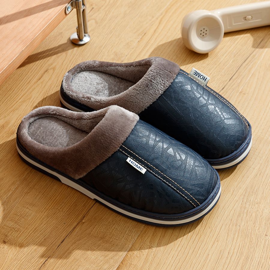 Big Size Winter Casual Men's Slippers Indoor Waterproof PU Leather Home Shoes Fur Flat Warm Fashion Bedroom Houseshoes_vogvips.com