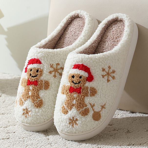 Christmas Women Slippers Cute Gingerbread Winter Warm Slides Couple Houseshoes Men Bedroom Flat Soft Sole Home Shoes For_vogvips.com
