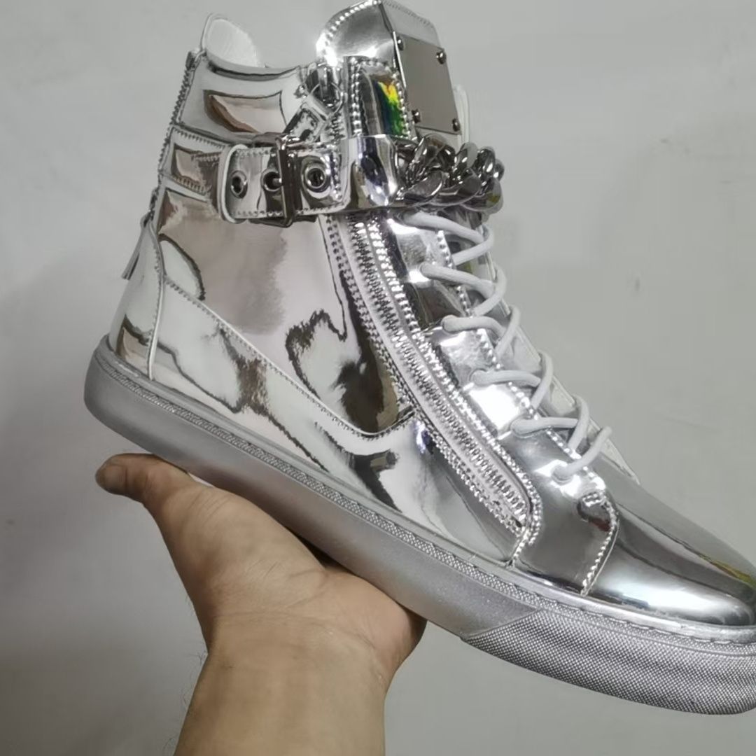 European-style Men's Shoes, Patent Leather High-top, Ankle-exposed, Trendy Height-increasing Sneakers_vogvips.com