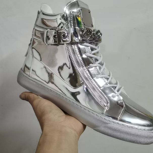 European-style Men's Shoes, Patent Leather High-top, Ankle-exposed, Trendy Height-increasing Sneakers_vogvips.com