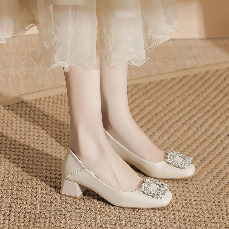 Genuine French-style Rhinestone Square-toed Chunky Heel Pumps, Soft Leather Shallow High-heeled Shoes Bridesmaids And_vogvips.com