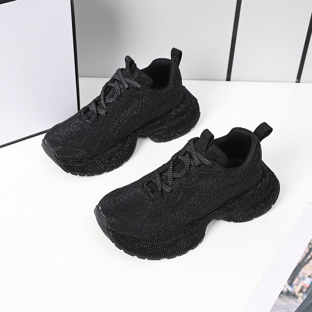 Women's Fashion Sneakers With Rhinestone Detailing - Round Toe Lace-Up Platform Shoes For Casual Wear, Lightweight & Breathable_vogvips.com