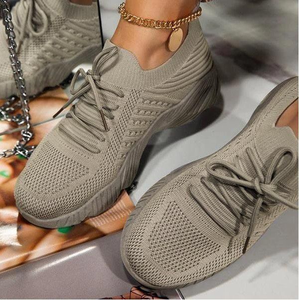 Women's U Shaped Platform Lace Up Sneakers Summer Flyknit Plus Size Solid Color White Dad Shoes_vogvips.com
