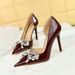 638-H19 High Thin Heels, Banquet Women's Shoes, Shallow Mouth, Pointed Side, Hollow Lacquer Leather, Water Diamond Bow_vogvips.com