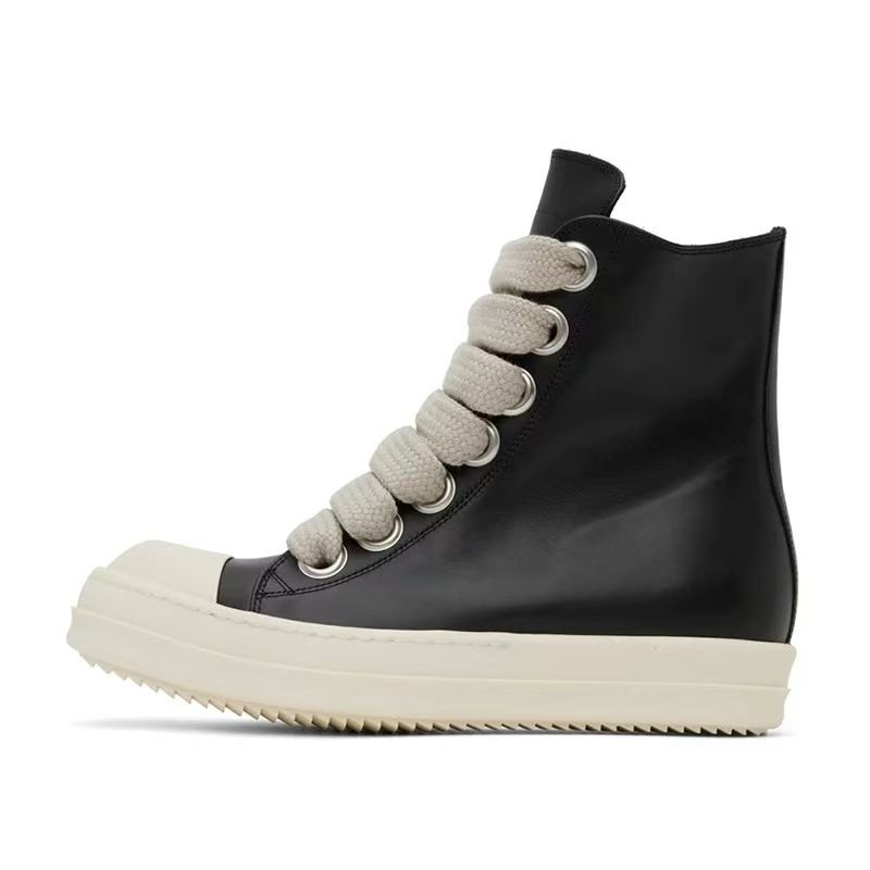 Unisex High-Top Chunky Sneakers – Retro Leather Lace-Up Boots With Side Zipper & Cushioned Sole (36-45, Black, Metal Eyelets, 4cm Platform)_vogvips.com