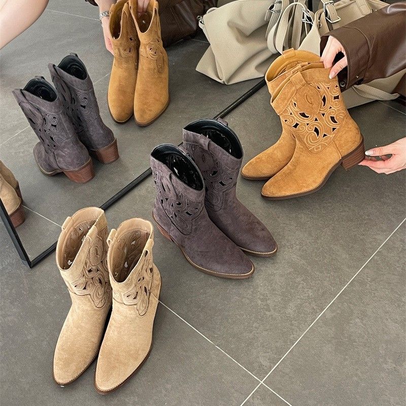 Embroidered Western Cowboy Hollow Summer Thin Short For Women Breathable Fashion Mid-Calf Riding Boots_vogvips.com