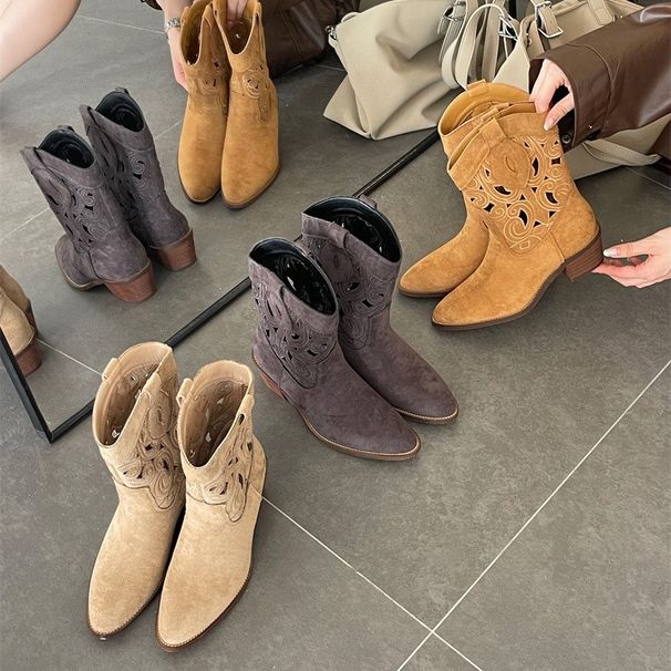 Embroidered Western Cowboy Hollow Summer Thin Short For Women Breathable Fashion Mid-Calf Riding Boots_vogvips.com