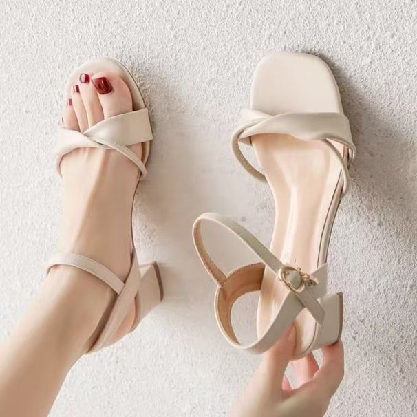 Sandals Female Versatile Student Medium Heel Thick Heel One-word Buckle Fairy Style Skirt Shoes_vogvips.com
