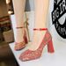 9983-K106 Style Women's With Thick High Heels, Waterproof Platform, Shallow Mouth, Square Toe, Sequins, Straight Strap,_vogvips.com