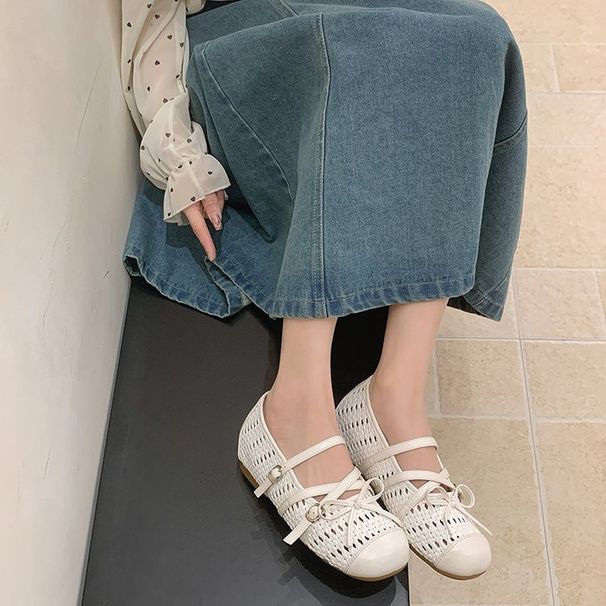 Women's French Mary Jane Shoes In Cowhide, 2026 New Summer Lightweight Woven Breathable Flats To Pair With Skirts And_vogvips.com