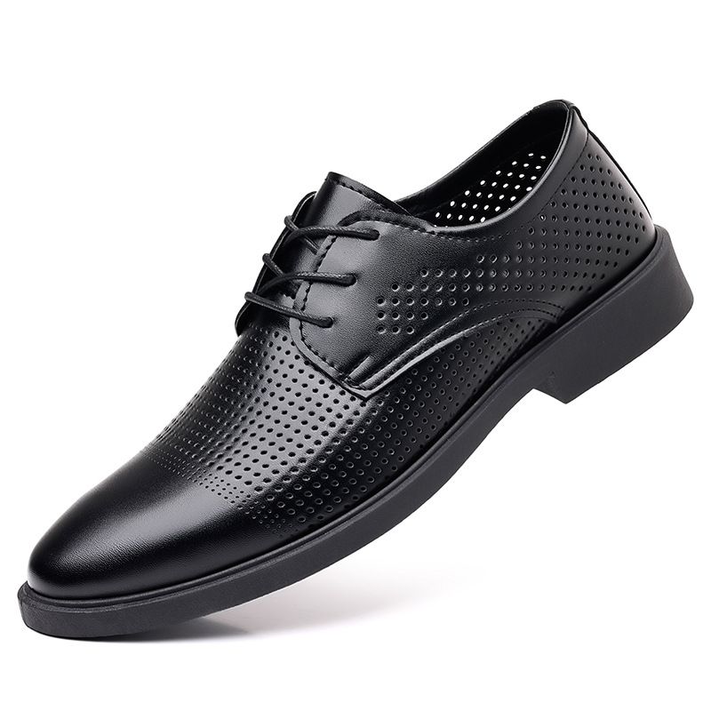 Men's Breathable Perforated Leather Sandals - Comfortable & Durable Black Business Casual Shoes For Summer_vogvips.com