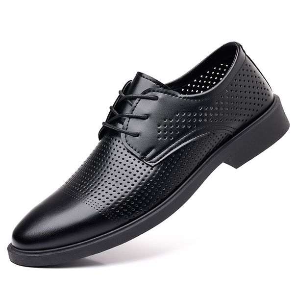 Men's Breathable Perforated Leather Sandals - Comfortable & Durable Black Business Casual Shoes For Summer_vogvips.com