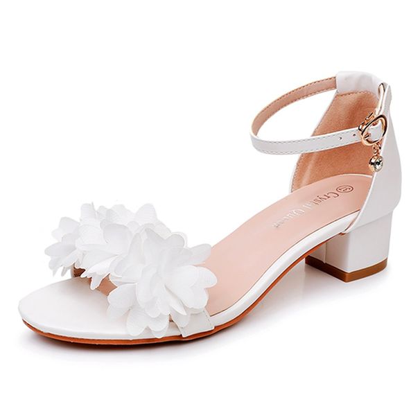 Women’s Shoes 7cm thick heel shallow mouth strap round toe sandals large size flower high heel sandals white bridal wedding shoes for women_vogvips.com