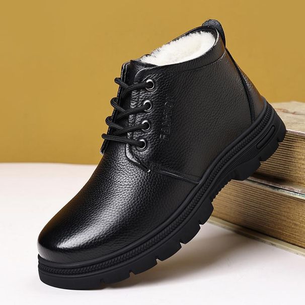 Fashion High-Quality Top Layer Cowhide Thick-Soled Fleece-Lined Trendy Versatile Leather Warm Men's Cotton Shoes_vogvips.com