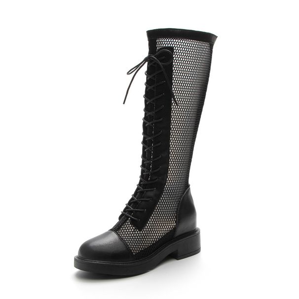 Inner Height Increasing Martin 25 Spring Summer Thin Over-the-Knee Black Mesh Breathable Hollow Long Boots For Women_vogvips.com